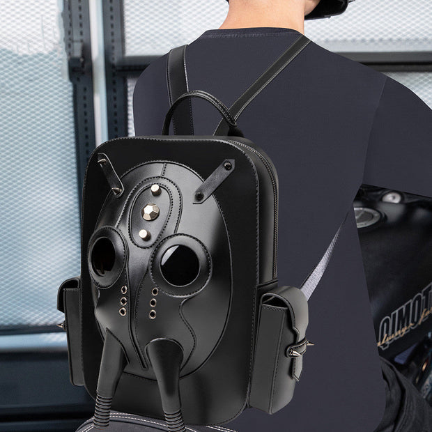 Black Skull Spire backpack with gothic mask design, PU material, waterproof and wear-resistant.
