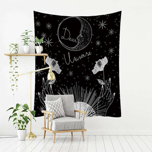 Retro printed home decor tapestry with celestial moon and floral design in black and white