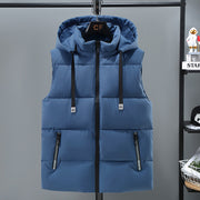 Blue thickened men's vest with removable hood and front zipper pockets