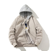 Beige Flight Mode jacket with grey hood, zipper front, and casual fit for plus sizes.