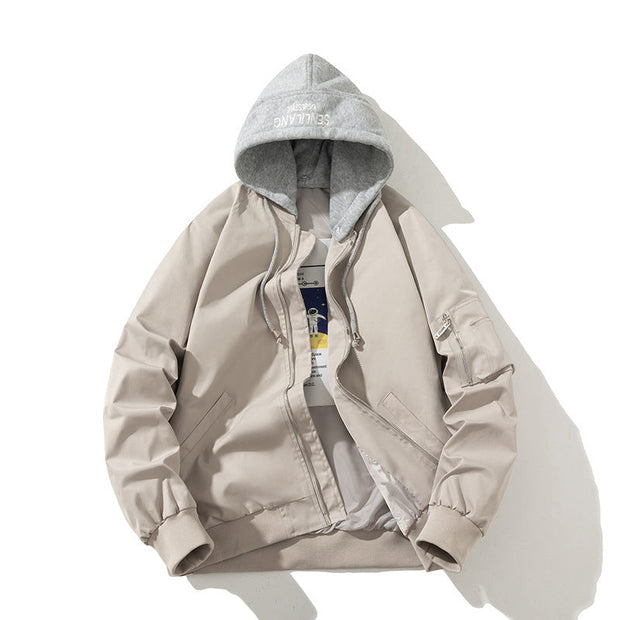 Beige Flight Mode jacket with grey hood, zipper front, and casual fit for plus sizes.