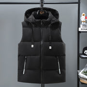 Black thickened vest for men with removable hood and zipper pockets, suitable for teens