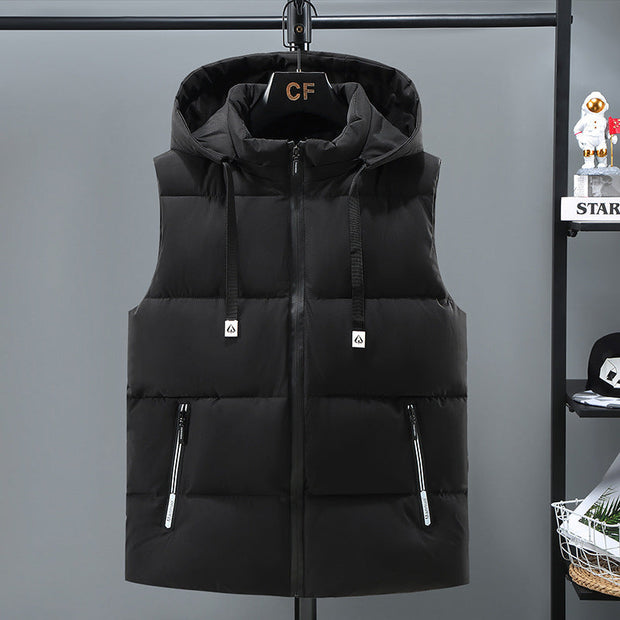 Black thickened vest for men with removable hood and zipper pockets, suitable for teens