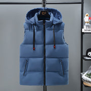 Blue thickened vest for men with removable hood and zipper pockets