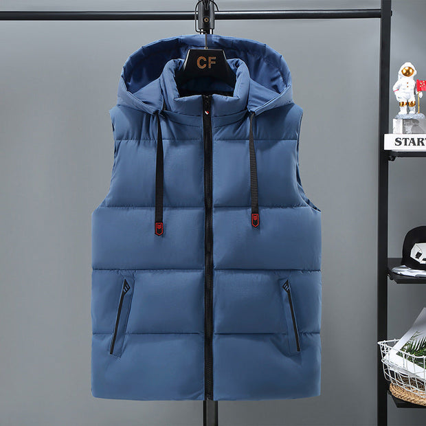 Blue thickened vest for men with removable hood and zipper pockets
