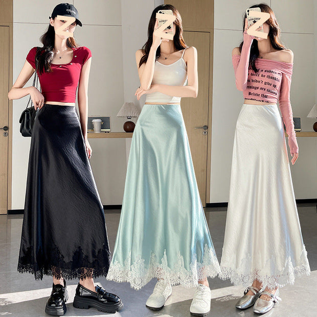 Three mid-length skirts with lace hems in black, blue, and white colors styled with casual tops and footwear.