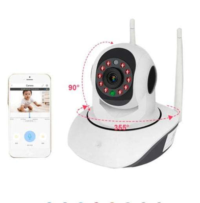 Home WIFI camera dome with 1080p resolution, infrared night vision, 3.6mm lens, 355° horizontal and 90° vertical rotation, compatible with smartphone app for indoor surveillance.