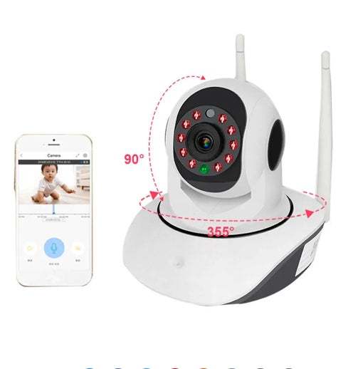 Home WIFI camera dome with 1080p resolution, infrared night vision, 3.6mm lens, 355° horizontal and 90° vertical rotation, compatible with smartphone app for indoor surveillance.