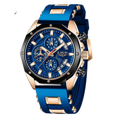 Blue sports mens watch with gold accents, luminous hands, calendar, silicone strap, and 30M water resistance