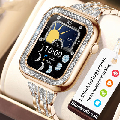 Square Fashion Women smart watch with diamond-studded rose gold square case and metal mesh band, heart rate and blood pressure monitoring, touchscreen, waterproof design