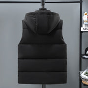 Black thickened vest for men with removable hood, padded design, and straight hem, displayed from the back on a hanger.