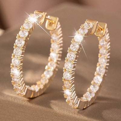Gold copper inlaid zirconium hoop earrings with sparkling round stones for women