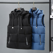 Men's thickened vest with hood, quilted design, zippered pockets, windproof and water-resistant, available in black and blue