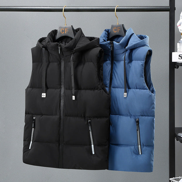 Men's thickened vest with hood, quilted design, zippered pockets, windproof and water-resistant, available in black and blue