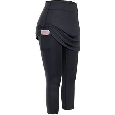 Black women leggings with side pocket holding a phone, moisture-wicking and tight fit design