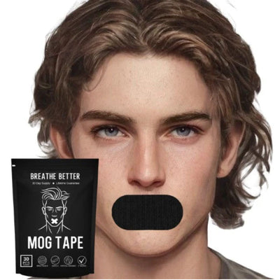 Black sleep tape applied over mouth for improved breathing and better sleep with Mog Tape packaging shown