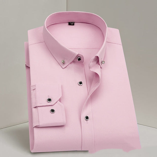 CrispWear slim fit pink cotton dress shirt with button-down collar and black buttons folded neatly