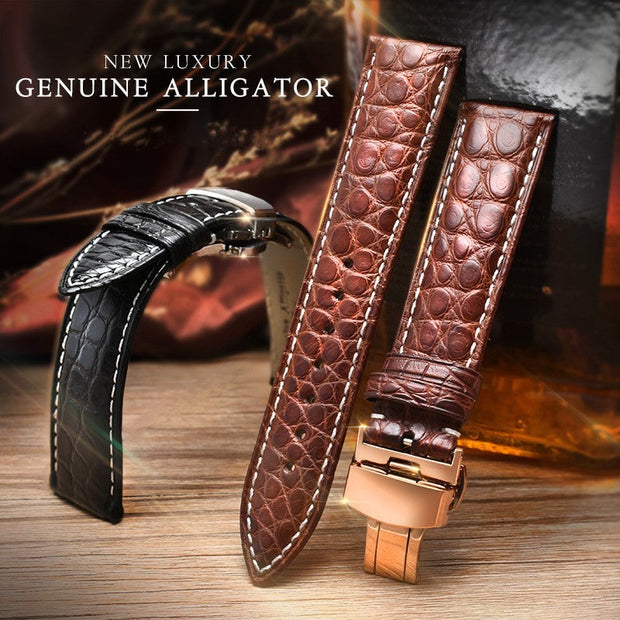 genuine leather watchband with alligator texture in brown and black, luxury style with stitching detail