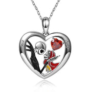 Halloween heart-shaped skull necklace with Jack and Sally design, silver-tone gothic pendant with red heart gem on adjustable chain