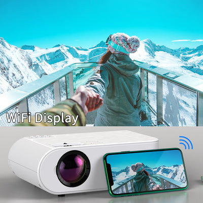 Mini Cast Pro WiFi projector displaying a scenic snowy mountain image from a smartphone.