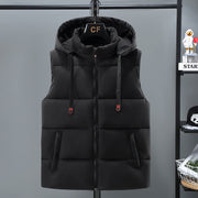Black thickened vest for men with removable hood and zipper pockets