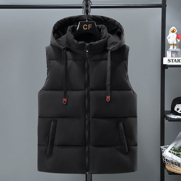 Black thickened vest for men with removable hood and zipper pockets
